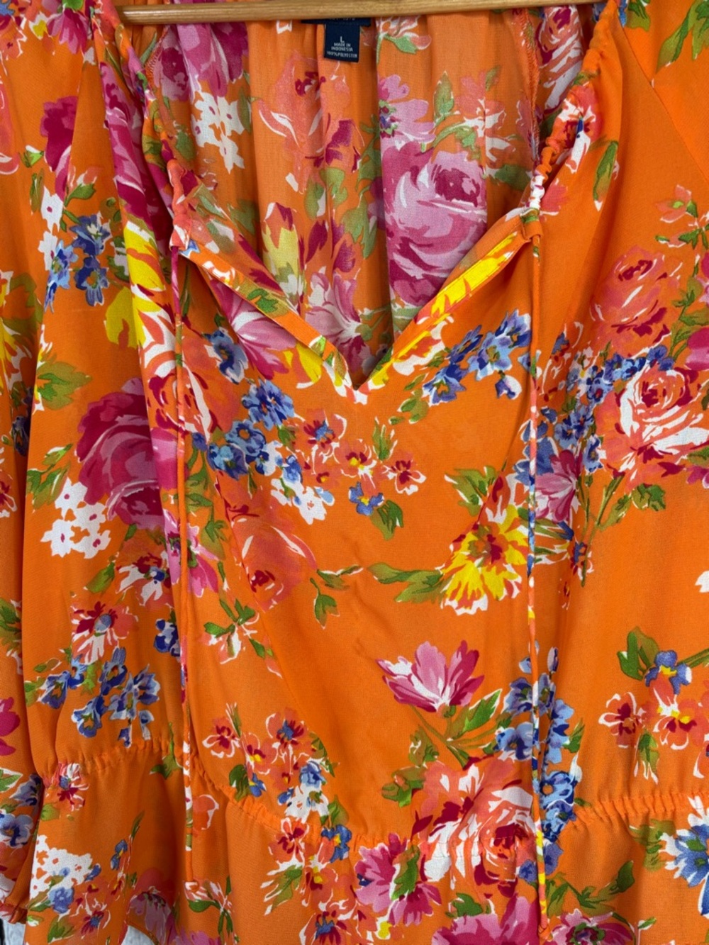 CHAPS Women’s Large Orange Floral Print Blouse Tie‎ Neck Woven Fabric Small Flaw - Picture 4 of 16